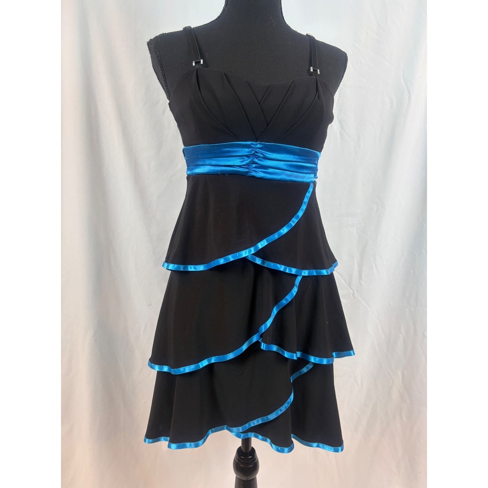 Deb Vintage Y2K Black Turquoise Tiered Ruffle Cocktail Dress Small Rhinestone